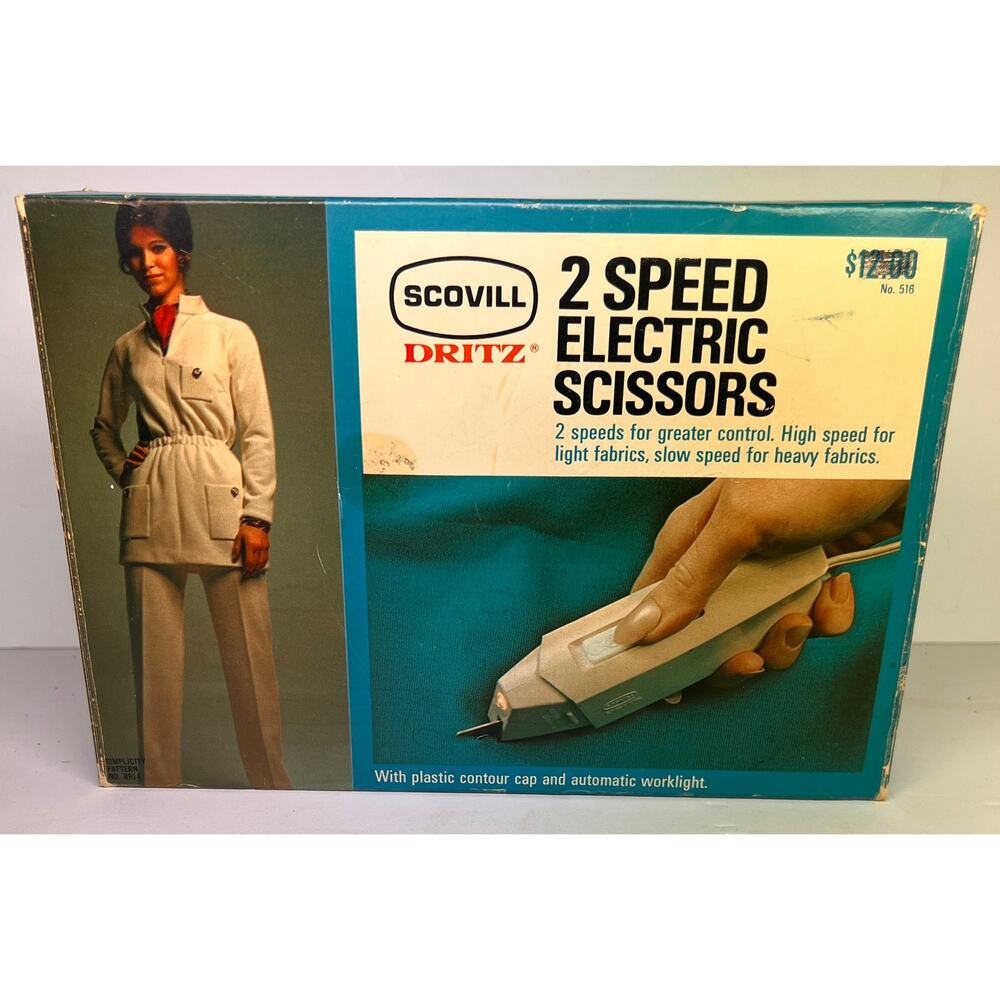 Vintage Scovill Dritz 2 Speed Electric Scissors 516 Sewing Fabric Cutter w/ Box